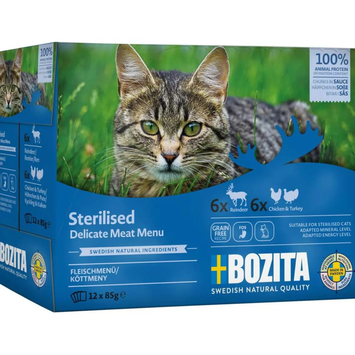 Bozita Kissan Märkäruoka|Viljaton Kissanruoka*Indoor & Sterilised lihalajitelma kastikkeessa 12x85 g