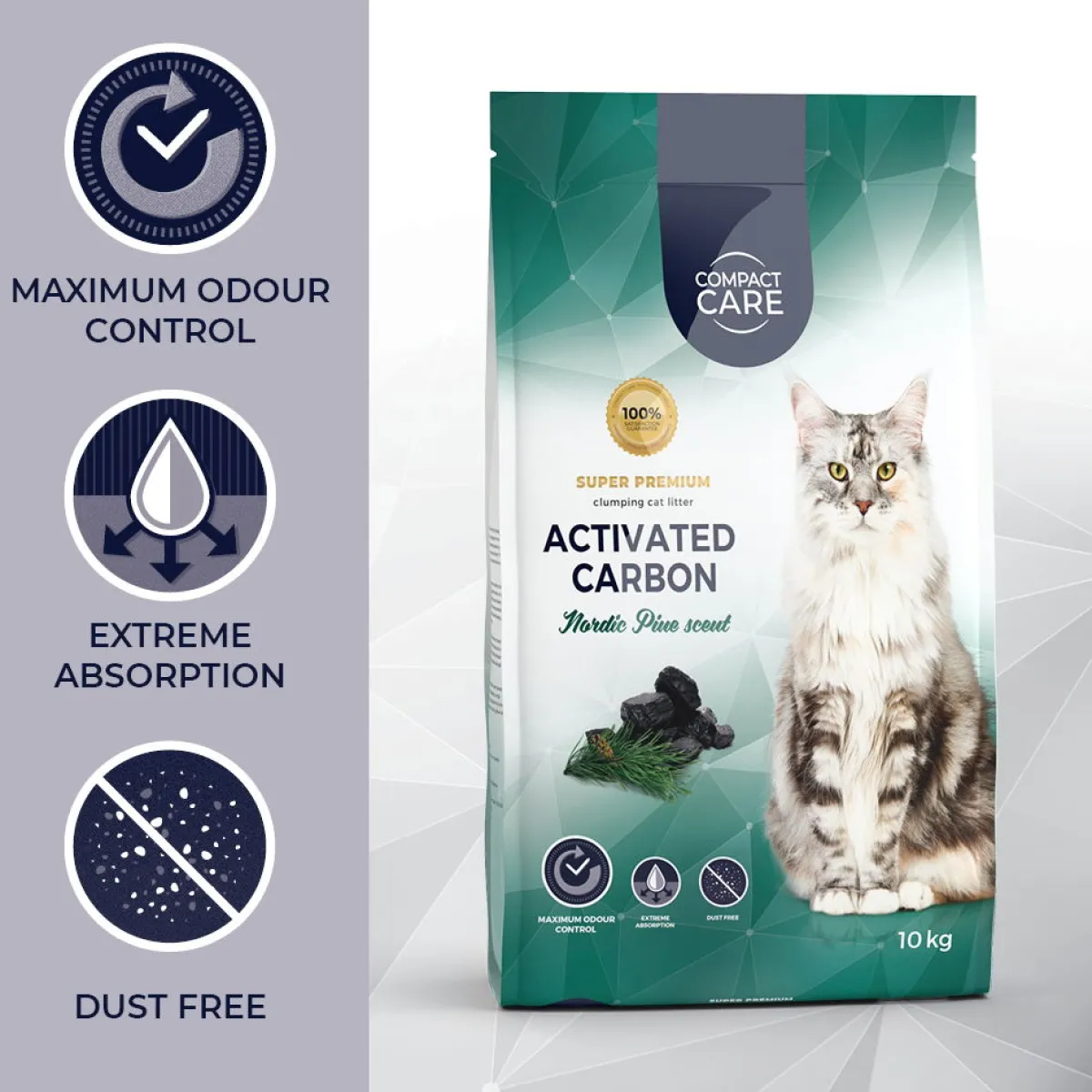 Compact Care Paakkuuntuva Kissanhiekka|Hajustettu Kissanhiekka*Activated Carbon Nordic Pine 10 kg