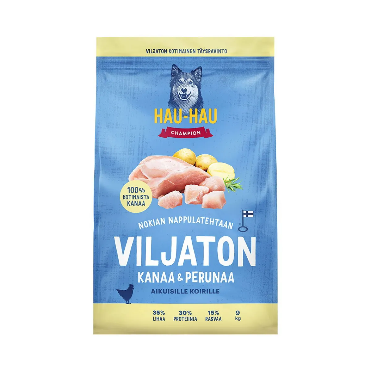 Hau Hau Champion Koiran Kuivaruoka|Kotimainen Koiranruoka*Hau-Hau Champion Viljaton Kanaa ja Perunaa 9 kg