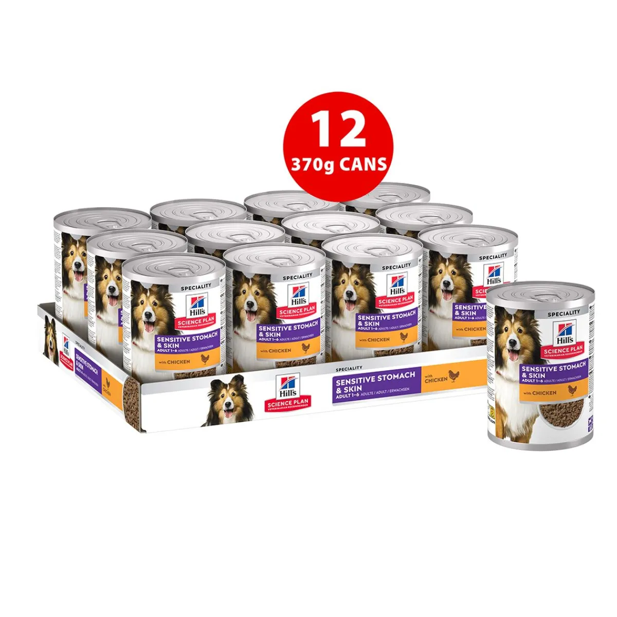 Hill's Koiranruoat Erityistapeisiin|Koiran Märkäruoka Ja Makkarat*Science Plan Dog Sensitive Stomach & Skin Chicken & Vegetables 370g