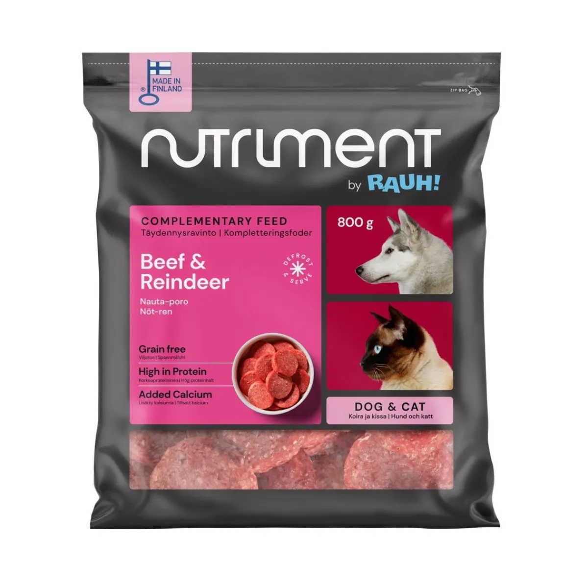 Nutriment by Rauh! Ruokinnan Monipuolistaminen|Kotimainen Koiranruoka*Nauta-Poro-medaljonki 800 g
