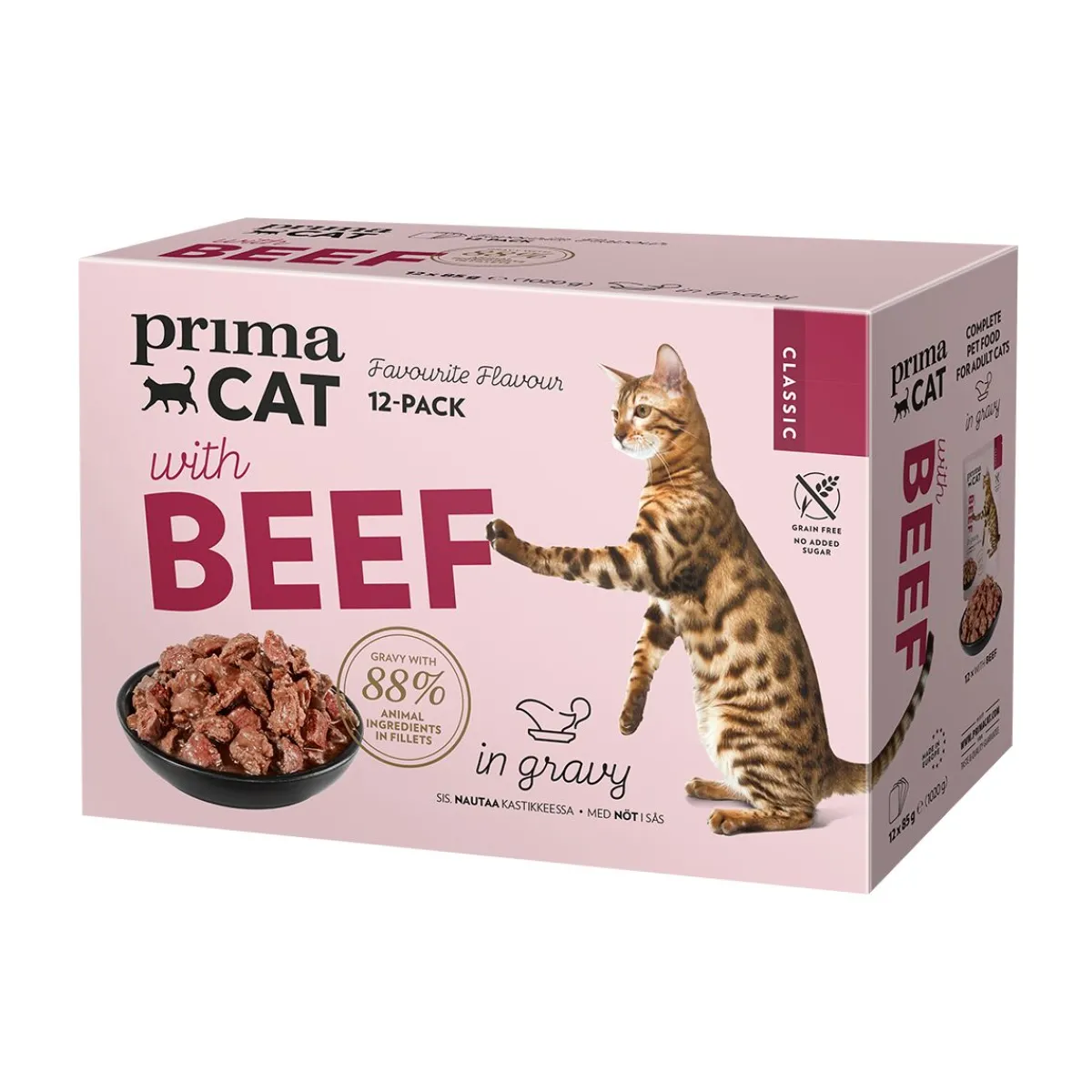 PrimaCat Kissan Märkäruoka|Viljaton Kissanruoka*nautaa kastikkeessa 12 x 85 g
