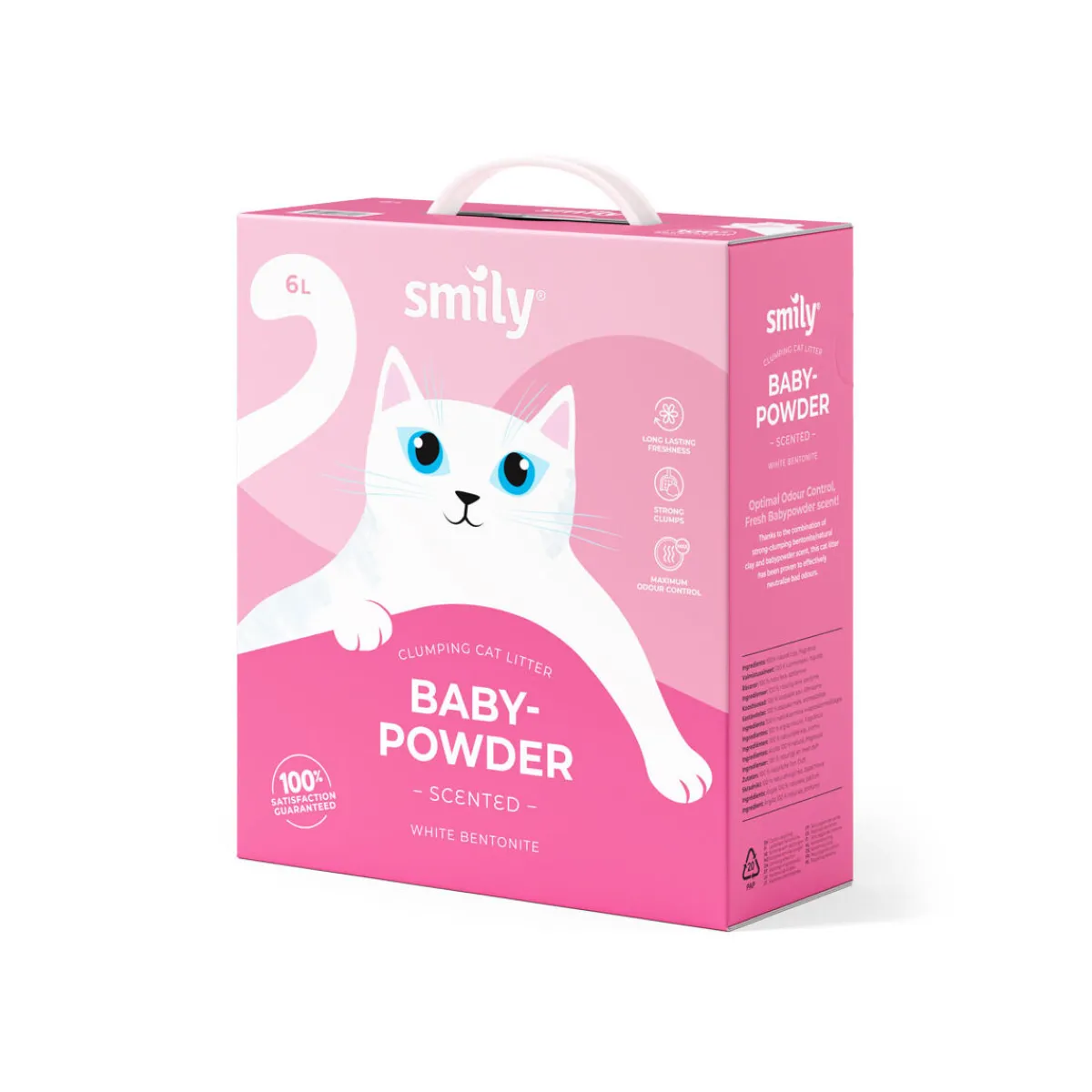 Smily Paakkuuntuva Kissanhiekka|Hajustettu Kissanhiekka*White Bentonite -kissanhiekka, Babypowder 6 l